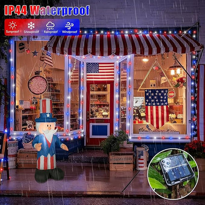 YEGUO 4 Pack Red White and Blue Solar Lights, Each 33ft 100 LED 4th of July Solar Fairy Lights Outdoor Waterproof, 8 Modes Sliver Wire Patriotic String Lights for Independence Memorial Day Decoration