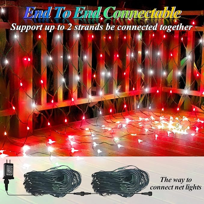 Lovelite Red White Net Lights Christmas Decorations, 21ft x 5ft 360LED Mesh Lights Outdoor Green Wire 8 Modes Timer, Waterproof Connectable String Lights for Bushes Xmas Tree Garden Holiday Party