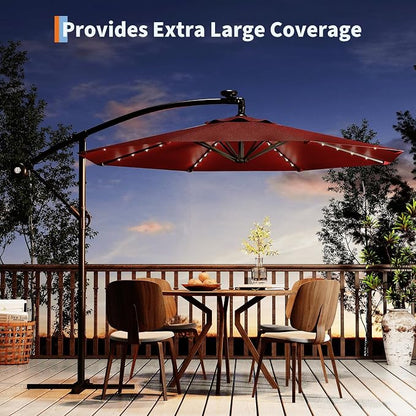 Garvee 10FT Solar Lights Offset Patio Umbrella with Cross Base, Burgundy | Cantilever Umbrella with Easy Lift & Tilt Adjustment, 8 Ribs Sun umbrella UV Protection for Backyard, Pool, Garden