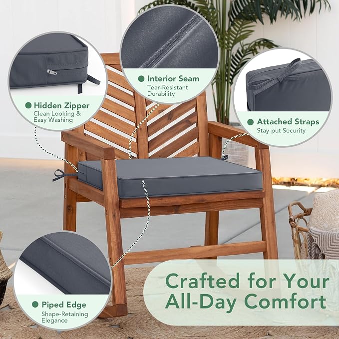 Outdoor Chair Cushions Set of 2: Waterproof & Fade Resistant Deep Seat Cushion for Patio Furniture - 24 x 24 Inch Chair Pads with Ties and Hidden Zipper - Patio Chair Cushion Replacement, Dark Grey