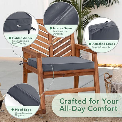 Outdoor Chair Cushions Set of 4: Waterproof & Color Fastness Seat Cushion for Patio Furniture - 22 x 22 x 3 Inch Chair Pads with Ties and Hidden Zipper - Patio Chair Cushion Replacement, Dark Grey