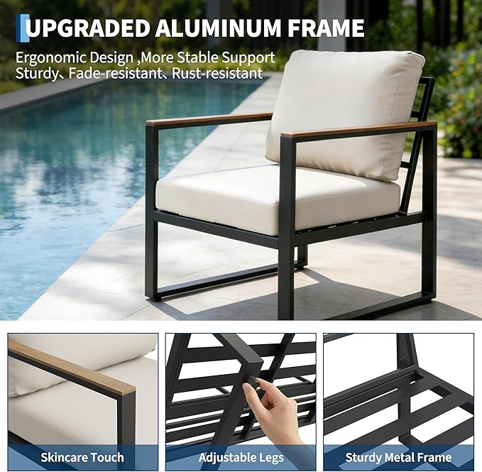 GarveeLife 4 Piece Outdoor Patio Furniture Set with Wood Coffee Table, Iron Frame Conversation Set, Beige Cushioned Chairs and Sofa for Patio, Garden, Backyard