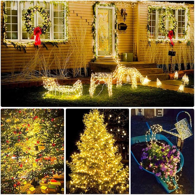 Solar String Lights for Outside, Fairy Lights Outdoor Waterproof, Warm White 2Pack Total 200LED 66Ft 8 Modes Mini Small Solar Powered Lights for Christmas, Garden, Patio, Fence, Balcony