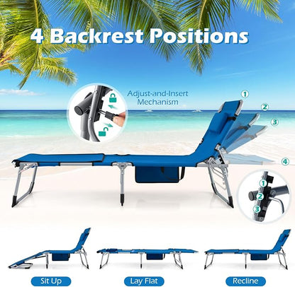 GYMAX Tanning Chair, 330LBS Beach Lounge Chair with Face Arm Hole & Hand Shoulder Strap, Folding Layout Sunbathing Chair, Face Down Outdoor Chaise Lounger for Patio, Poolside, Lawn, Backyard (1, Blue)