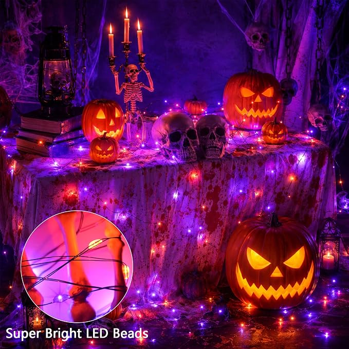 4 Pack Halloween Fairy Lights Battery Operated Orange Purple Twinkle Lights | 16.4 Ft 50 LED Battery Halloween Fairy Light Waterproof with Timer 8 Mode for Indoor Outdoor Party Decor, Black Wire