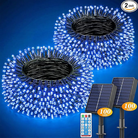 LitHome 2 Pack Solar String Lights Outdoor with Remote, Total 200LED 66FT | Solar Christmas Lights Outside Waterproof, 8 Modes String Light for Xmas Patio Garden Party Yard Tree Decor, Blue