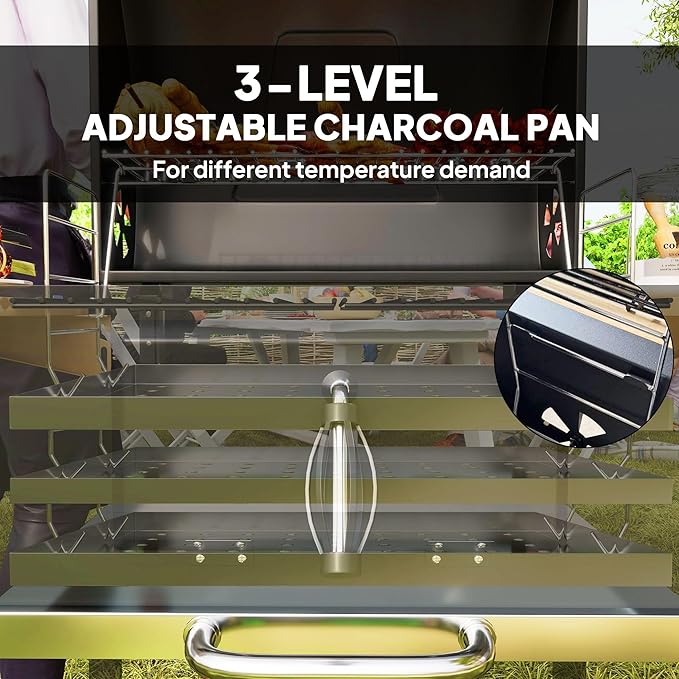 Black Charcoal Grill 245sq.in. – 3-Position Adjustable Pan, Lid Thermometer, 2 Side Shelves + Bottom Shelf, Warming Rack, Mobility Wheels