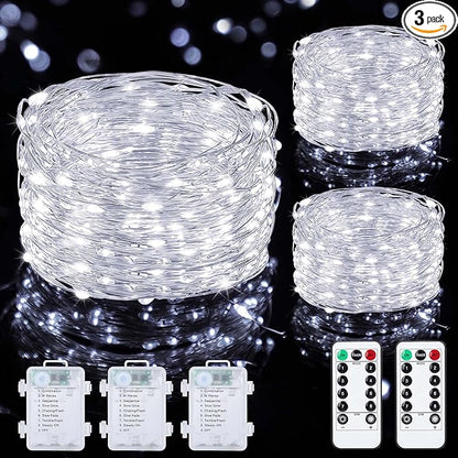 Mlambert 3 Pack 33FT Fairy Lights Battery Operated with Remote and Timer, Dimmable Waterproof 8 Modes Lights for Classroom Christmas Party-Cool White