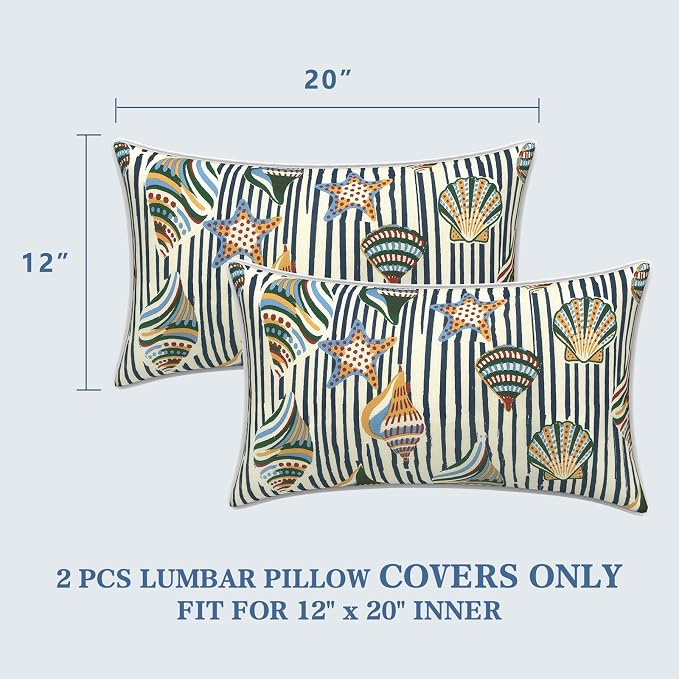 LVTXIII 2 Pack Outdoor Lumbar Pillow Covers 12x20 Inch with Piping, Water-Repellent Back Cushion Covers ONLY for Patio Furniture, Sofa, Garden Bench, Cabana Shells