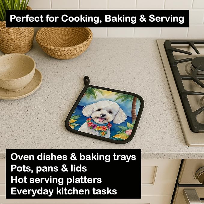 Caroline's Treasures Bichon Frise Luau Pair of Pot Holders Kitchen Heat Resistant Pot Holders Sets Oven Hot Pads for Cooking Baking BBQ, 7 1/2 x 7 1/2