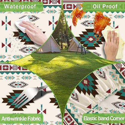 JAWO Fitted Picnic Table and Bench Cover, Southwest Aztec Navajo Tribal Geometric Pattern Waterproof Elastic Picnic Tablecloth for Outdoor Camping Patio Backyard Park, 30X60inch