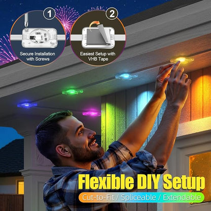 Permanent Outdoor Lights for House 100ft RGB+IC Eave Lights | IP67 Waterproof Smart LED Outdoor Lights with 16M Colors, App/Remote Control for Christmas, Halloween, Daily, Party