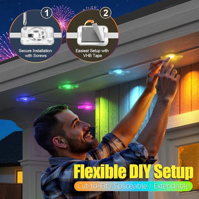 Permanent Outdoor Lights 50ft RGB+IC Eave Lights for House | IP67 Waterproof Smart LED Outdoor Lights with 16M Colors, App/Remote Control for Christmas, Halloween, Daily, Party