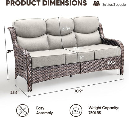 Luxury Patio Sofa 3-Seat Wicker Couch with 6" Thick Cushion - Outdoor Furniture Rattan Sofa with Deep Seating High Back Outdoor Sofa for Patio Garden Balcony Sunroom Backyard, Brown | Beige
