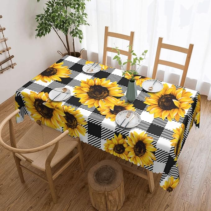 Sunflower Checkered Rectangular Tablecloth, Golden Sunflowers Table Cloth Washable Tablecloths Decorative Table Cover for Kitchen, Dining, or Parties 54x72 Inches