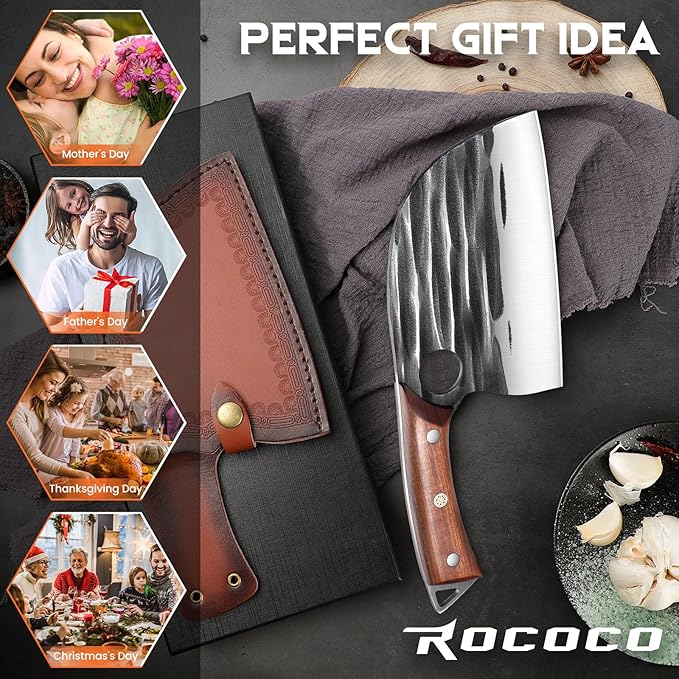 ROCOCO Japanese Serbian Chef Knife - Hand Forged Butcher Viking Cleaver Full Tang with Sheath BBQ Birthday Christmas Day Gift Men 6.2"