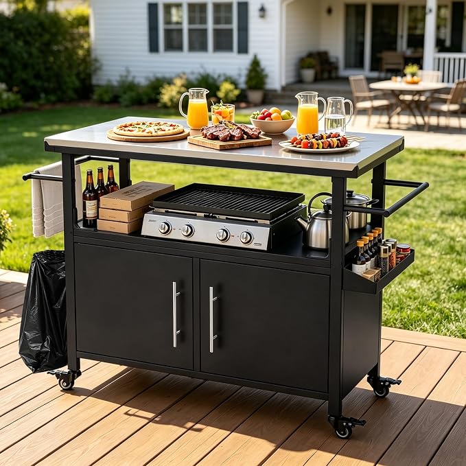 KEIKI Outdoor Grill Cart with Stainless Steel Top, Storage Cabinet & Wheel