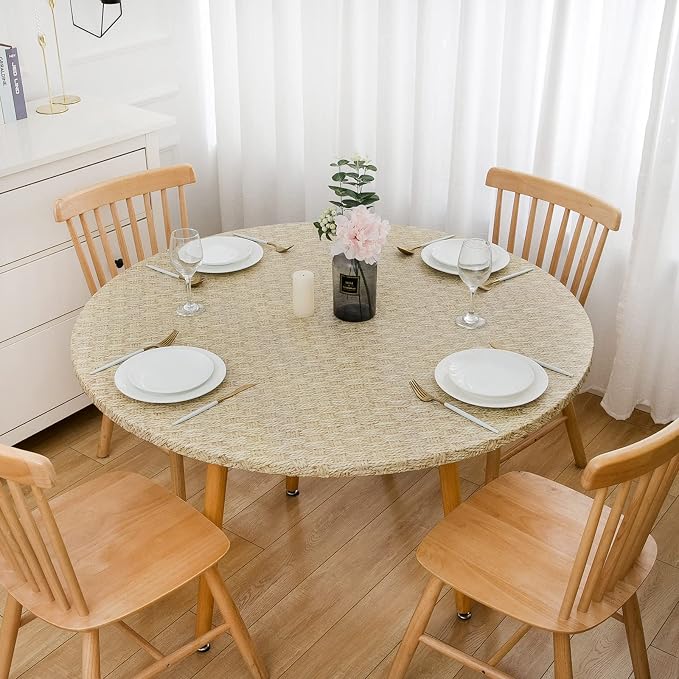 LIBERECOO Round Vinyl Fitted Tablecloth with Flannel Backing Elastic Edge Table Cover Waterproof Stain-Resistant Wipeable Tablecloths Fits 45-56" Round Tables