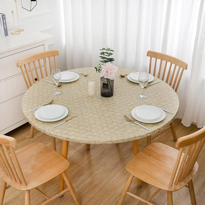 LIBERECOO Round Vinyl Fitted Tablecloth with Flannel Backing Elastic Edge Table Cover Waterproof Stain-Resistant Wipeable Tablecloths Fits 57-65" Round Tables