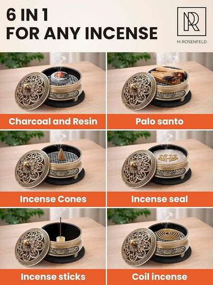 Small Brass Charcoal Incense Burner for Frankincense Resin, Incense Sticks for Home and Church Use – Decorative Bakhoor Brass Incense Burner Provides Clean Burning, Aroma and Spiritual Atmosphere