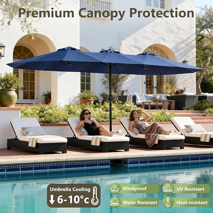15FT Patio Umbrella, Double-Sided Outdoor Umbrella with base included, Large Standing Umbrella with Crank Handle & Ventilation, Rectangular patio umbrella for Pool, Backyard, Deck, Lawn & Beach