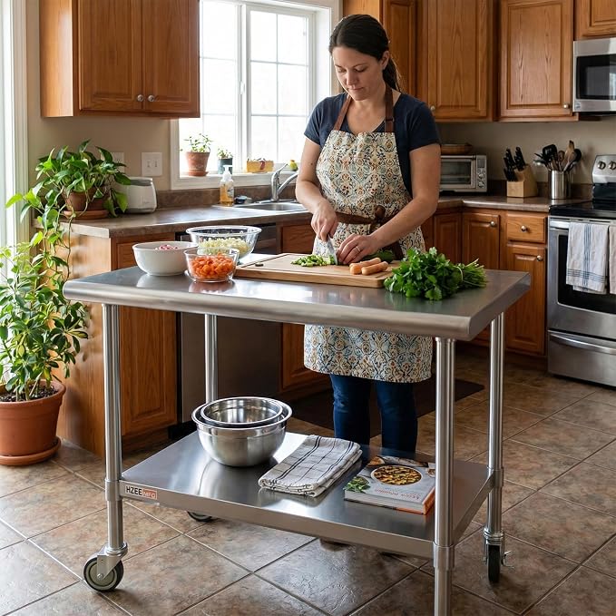 Stainless Steel Table with Wheels 36x24 Inches 3ft for Prep & Work | Heavy Duty Metal Workbench with Casters for Commercial Kitchen Restaurant Laundry Garage Home Hotel Workshop Chef Homemaker