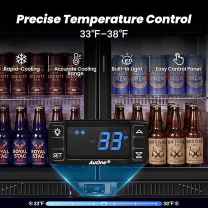 35.42" W Commercial Under Counter Beverage Refrigerator, 2 Glass Door Back Bar Cooler, Built-in/Freestanding 7.4Cuft Drink Fridge with LED Light, Auto Defrost, Low-E Glass & Safety Lock, Rebound door