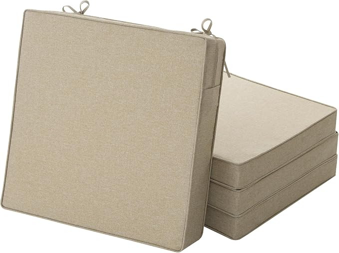 Outdoor Chair Cushions, Water-Resistant & Fade-Resistant, Patio Furniture Square Seat Replacement Chair Pads with Ties, Removable Cover, Non-Slip Bottom, Set of 4, 18 x 18 Inch, Natural
