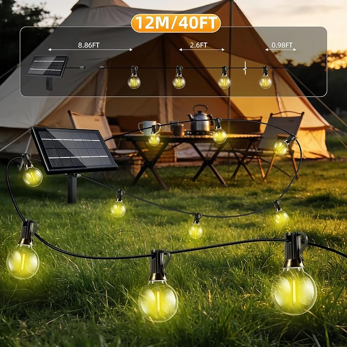 Solar Lights Outdoor Patio Lights 40FT G40 Waterproof Dimmable | 13 Shatterproof Edison Bulbs Patio Lights, Solar or USB charging, 3 Light Modes for Backyard, Porch, Deck, Balcony, Garden