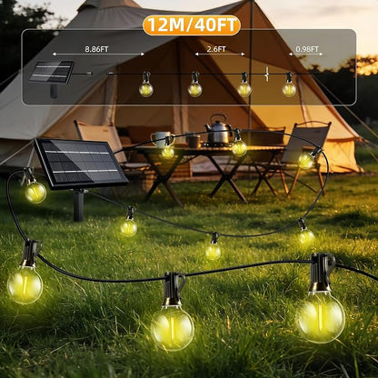 Solar Lights Outdoor Patio Lights 40FT G40 Waterproof Dimmable | 13 Shatterproof Edison Bulbs Patio Lights, Solar or USB charging, 3 Light Modes for Backyard, Porch, Deck, Balcony, Garden
