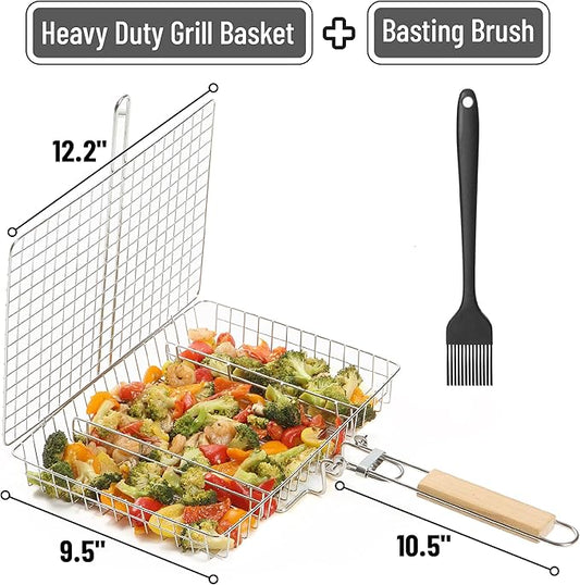 UNCO- BBQ Grill Basket with Wooden Handle, Stainless Steel, Heavy Duty Fish Grill Baskets for Outdoor Grill, Fish Basket for Grilling Basket for Outdoor Grill