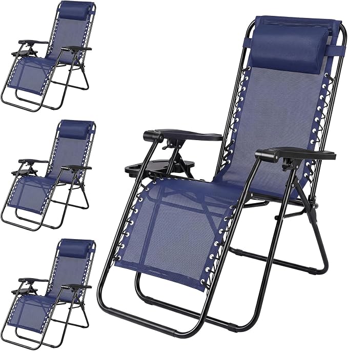 Zero Gravity Chairs Set of 4, Outdoor Folding Lounge Chairs | Foldable Reclining Patio Lawn Chairs with Mesh Back, Adjustable Pillows and Cup Holder Trays, for Pool, Beach, Backyard