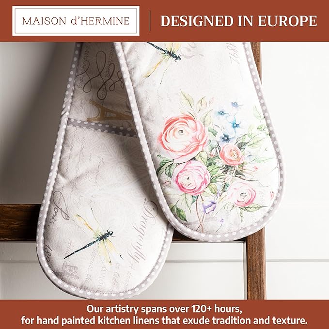 Maison d' Hermine Double Oven Mitts 100% Cotton 7"x35" Double Oven Mitt Heat Resistant BBQ Cooking Gloves with Loop Baking Grilling Kitchen Hotel Home Farmhouse Spring Summer (Champ De Mars)