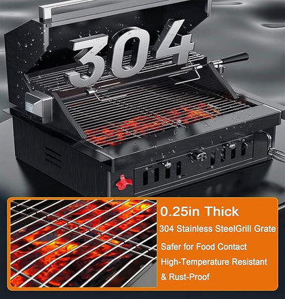 Built In Charcoal Grill, Stainless Steel Charcoal BBQ Grills with Liftable Tray, Visible Insulated Hood & Temp Gauge, 459SQ In Cooking Grid Area for Outdoor Kitchen Cooking Family Parties (Black kit)