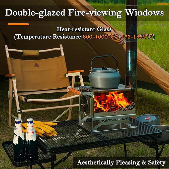 windhike Ultralight Pellet Stove - 18 lbs Portable Hot Tent Wood Stove, Small Stainless Steel Camping Burning Stove with 8 Chimney Pipes for Outdoor Heating, Cooking, Hunting & Ice Fishing