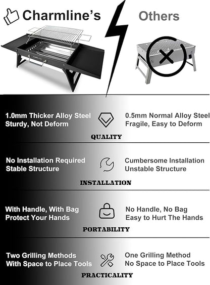 Charmline 20x14inch Big Foldable Portable Charcoal Grill, Charcoal Grills for Camping, Picnics, Gardens and Beach Parties, Black, With 44x24in Fireproof Mat