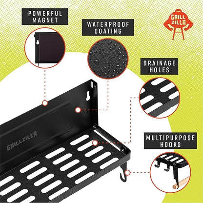 Grillzilla Grill Accessories Magnetic Grill Caddy & Organizer - Black Portable Powder-Coated Iron - BBQ Shelf & Tool Holder with Heavy Duty Magnets for Refrigerator & Oven - Foldable Design