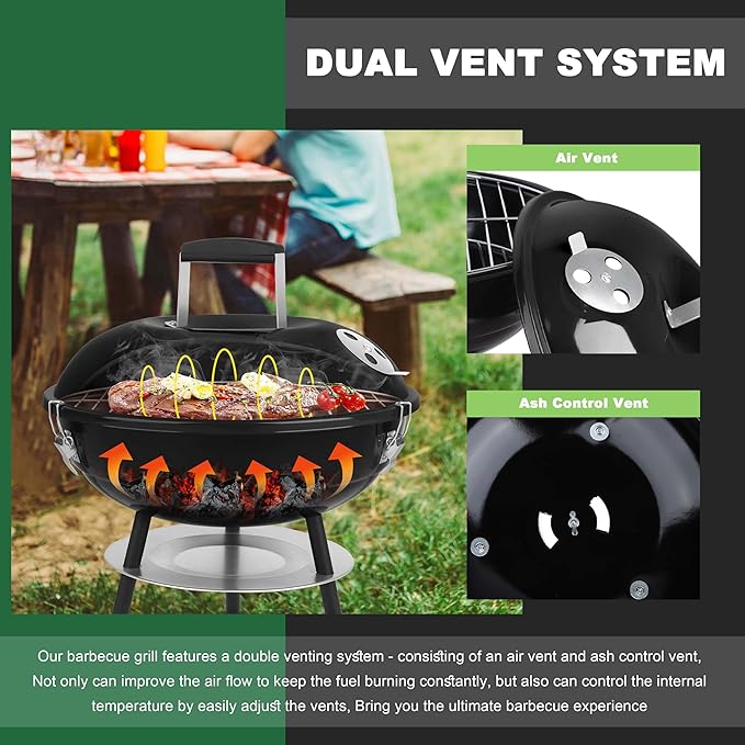 14 inch Charcoal Grill, Joyfair Small Portable BBQ Grill with Locking Lid for Outdoor Camping/Patio/Backyard Barbecue/Tabletop Cooking, Enamel Coated & Dual Vent System (Black)