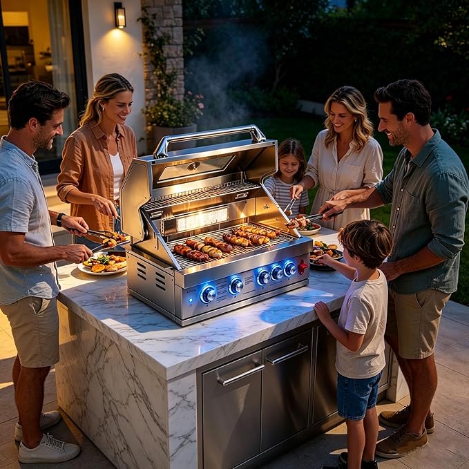 32-Inch Built-In Propane Gas Grill Head, 5 Burner, 304 Stainless Steel, 63,100 BTUs, Infrared Rear Burner, Natural Gas Convertible, Outdoor Cooking