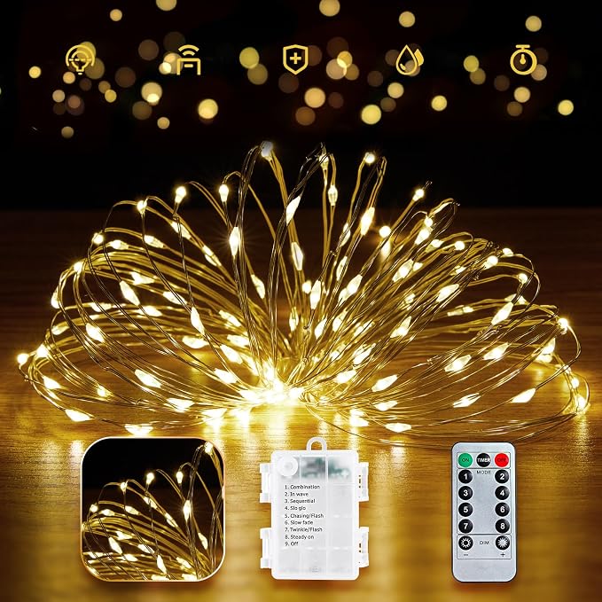 Minetom Fairy Lights Battery Operated with Remote, 66FT 200LED String Light | Waterproof Starry Twinkle Lights for Christmas Home Bedroom Wedding DIY Party Indoor Outdoor Decor