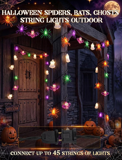 10LED Ghost Bat Spider String Lights, 8.5Ft Halloween Decorations Outdoor | End-to-end Connectable, Waterproof & UL Listed, Plug-in Fairy Lights for Home Window Halloween Party Decor, 2700K Warm White