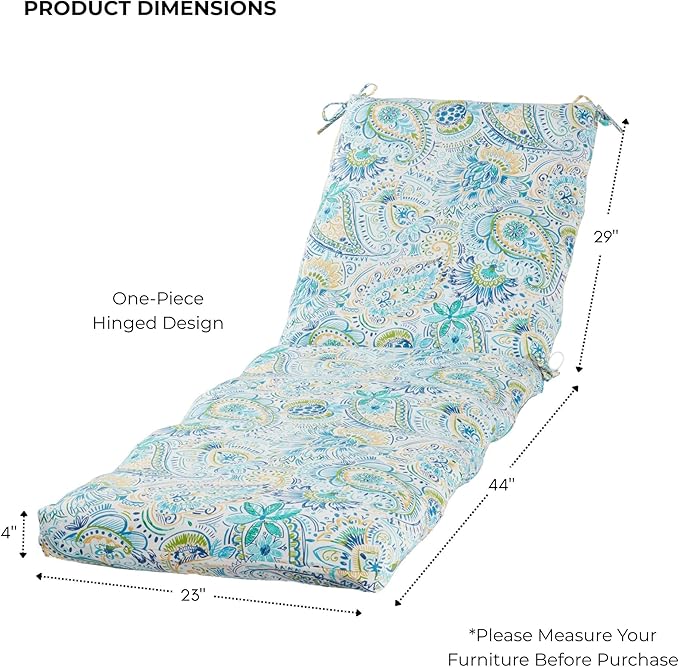 Modern Outdoor Chaise Lounge Cushion with Ties – Durable Polyester Fabric, Channel-Filled Polyfiber Insert, Removable Zippered Cover, Baltic Paisley