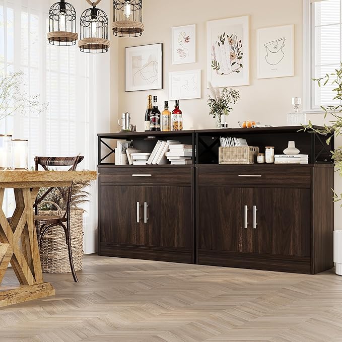 Vongrasig Coffee Bar Cabinet, Farmhouse Kitchen Storage Cabinet with Adjustable Shelf, 31“ Modern Sideboard Buffet Table for Kitchen, Dining Room, Rustic Brown