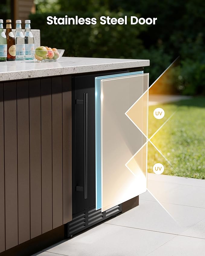 24 Inch Beverage Refrigerator, 180 Can Under Counter Fridge, Stainless Steel Outdoor Fridge for Patio & Outdoor Kitchen, Outdoor Refrigerator for Soda, Beer, Built-in & Freestanding(Black)