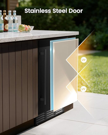 24 Inch Beverage Refrigerator, 180 Can Under Counter Fridge, Stainless Steel Outdoor Fridge for Patio & Outdoor Kitchen, Outdoor Refrigerator for Soda, Beer, Built-in & Freestanding(Black)