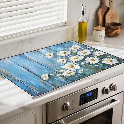 Silicone Glass Stove Top Cover- Mat for Electric Stove Protector with Anti-Slip Rubber Coating Scratch-Resistant XL Dish Drying Mats For Kitchen (Chrysanthemum, 30"L x 21"W)