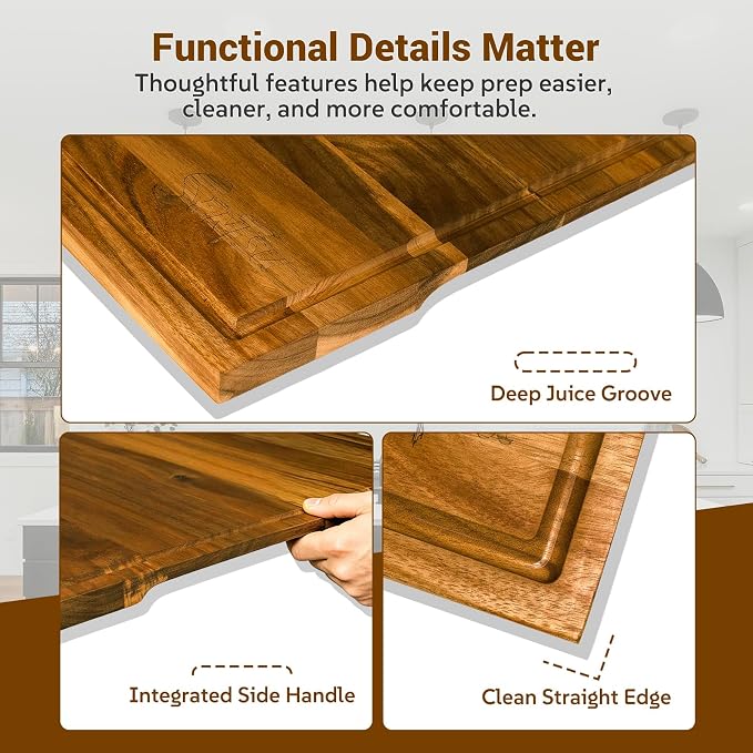 Sentsu Extra Large Acacia Wood Cutting Board 36 x 24 in, Deep Juice Groove | 100% solid acacia, handles, carving, serving, noodle board and countertop extender for turkey, brisket and BBQ