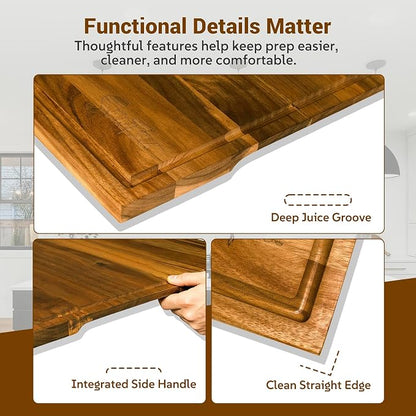 Sentsu Extra Large Acacia Wood Cutting Board 30 x 20 in, Deep Juice Groove | 100% solid acacia, handles, carving, serving, stove top cover and countertop extender for daily prep