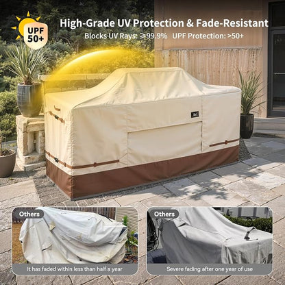 600D Heavy Duty Waterproof Extra Large Grill Cover, Fits for 98 Inch Island with Center Grill Head, Tear & Fade Resistant Outdoor Kitchen Cover with Buckle, Drawstring, Air Vent, Beige & Brown