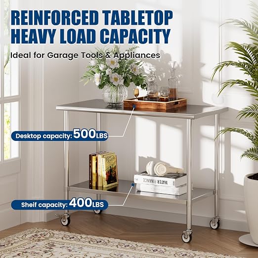 Stainless Steel Work Table with Wheels, 24x60 Inch NSF Kitchen Prep Table with Adjustable Undershelf for Commercial Restaurant, Garage, Outdoor BBQ